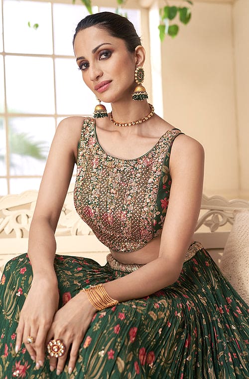 Dark Green Designer Embroidered Wedding Lehenga