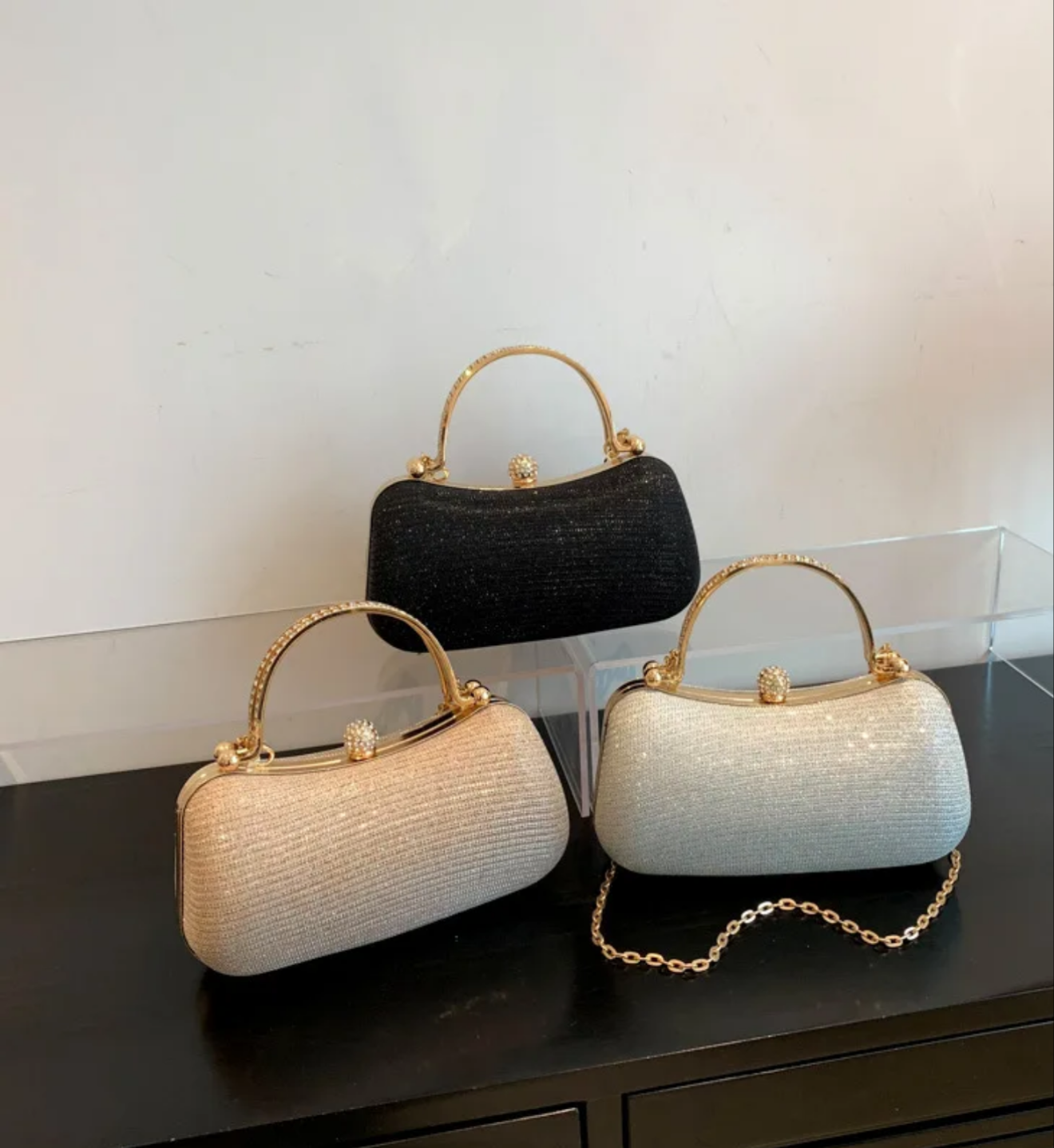 Elegant Glitter Clutch Bags for Women – Evening Party Handbags with Gold Handle & Chain Strap