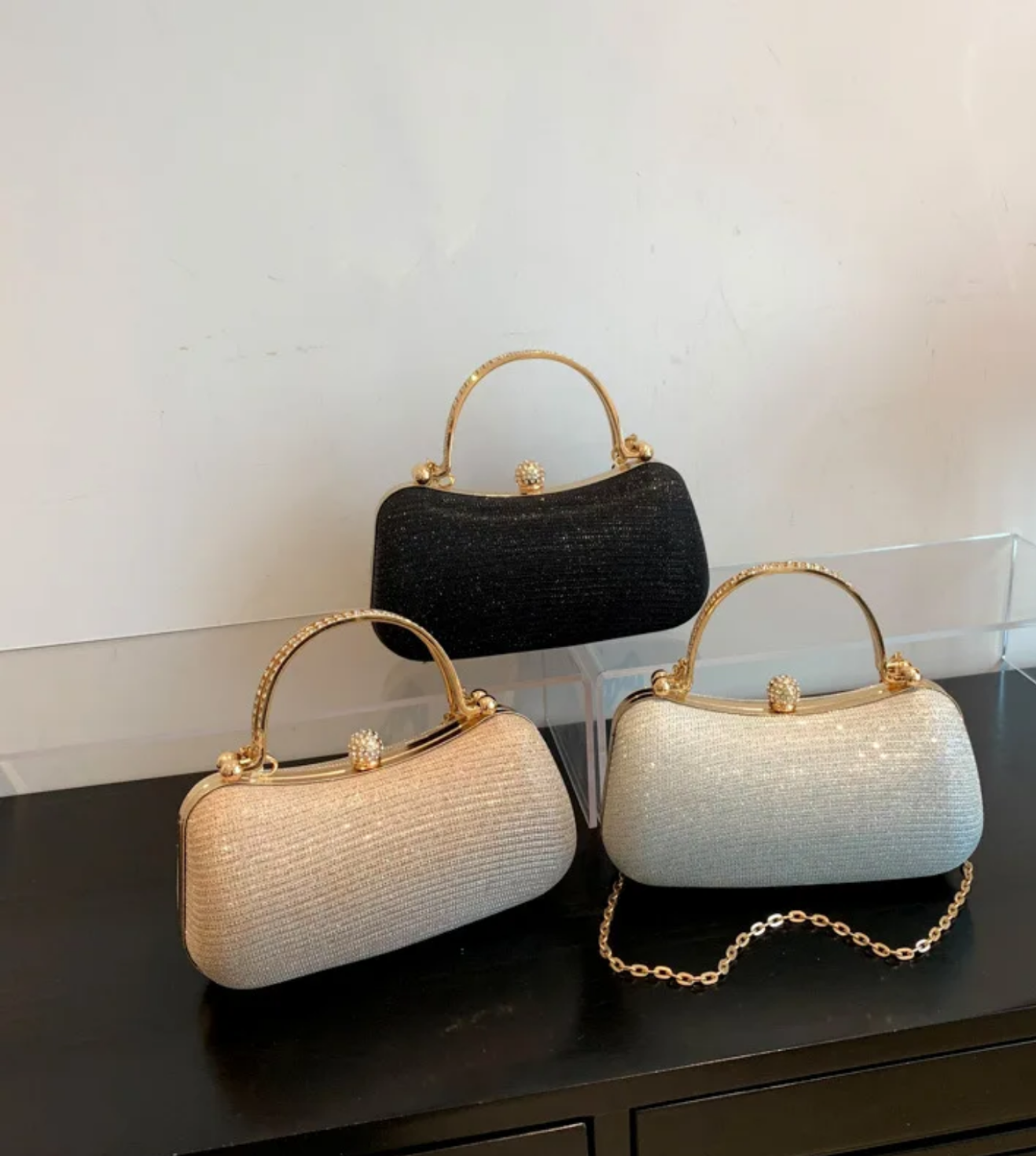 Elegant Glitter Clutch Bags for Women – Evening Party Handbags with Gold Handle & Chain Strap
