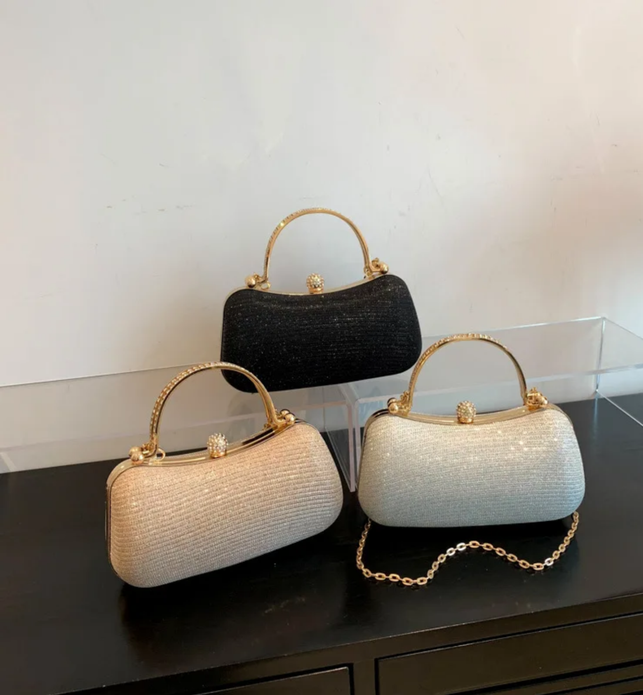 Elegant Glitter Clutch Bags for Women – Evening Party Handbags with Gold Handle & Chain Strap