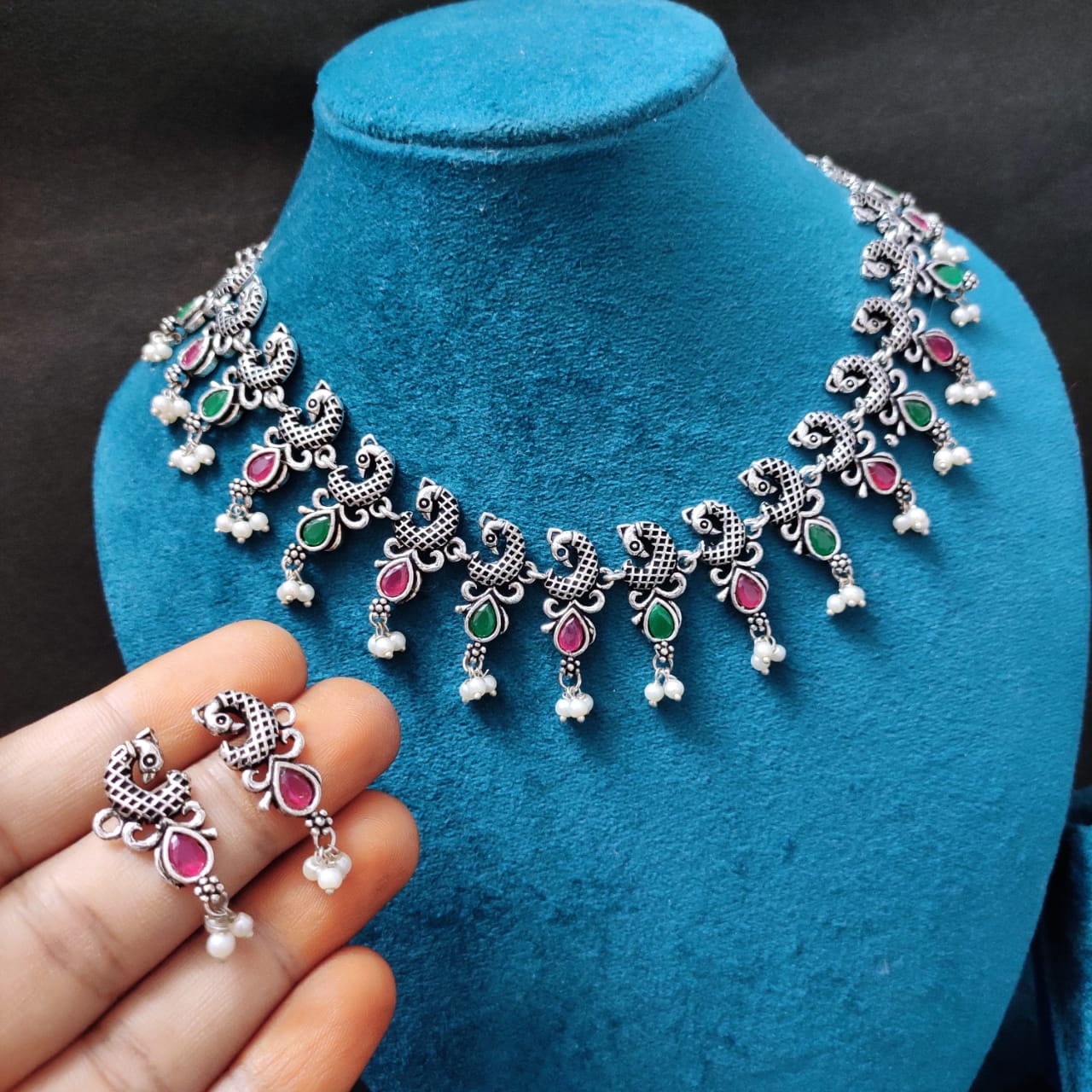 Red & Green Oxidised silver peacock Necklace