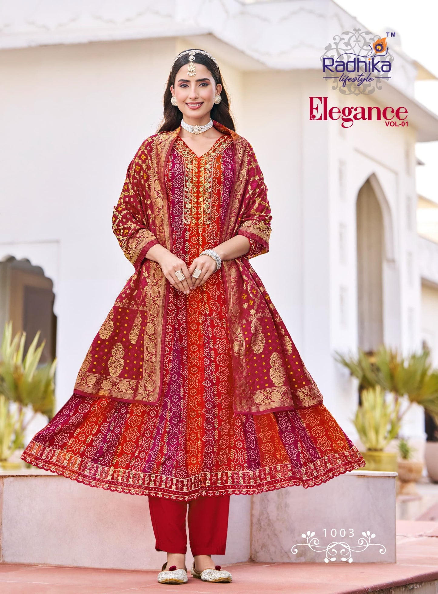 Radhika Lifestyle Elegance Vol 1 – Rayon Print Kurti Anarkali Gown with Pant & Banarasi Jacquard Dupatta