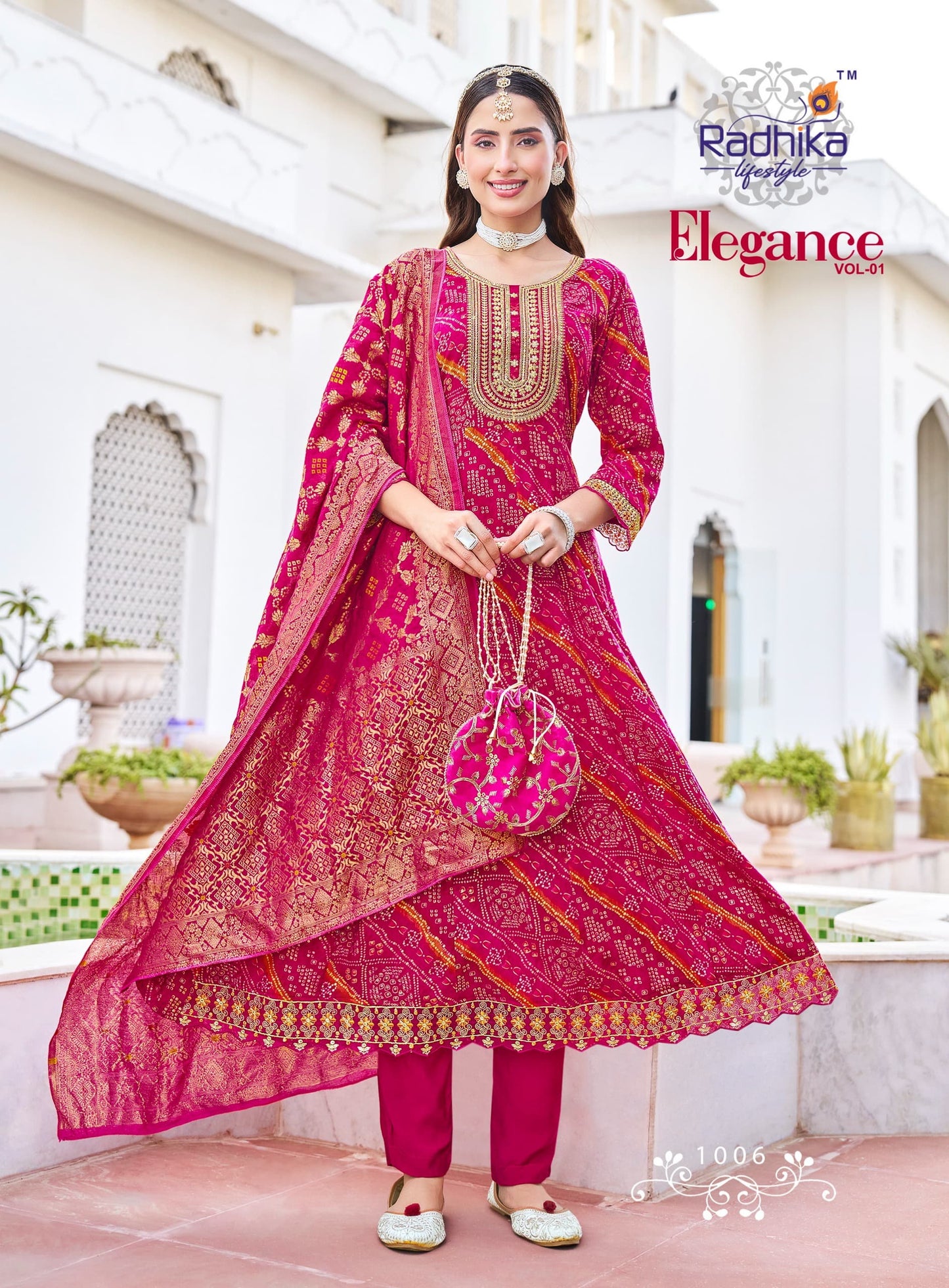 Radhika Lifestyle Elegance Vol 1 – Rayon Print Kurti Anarkali Gown with Pant & Banarasi Jacquard Dupatta