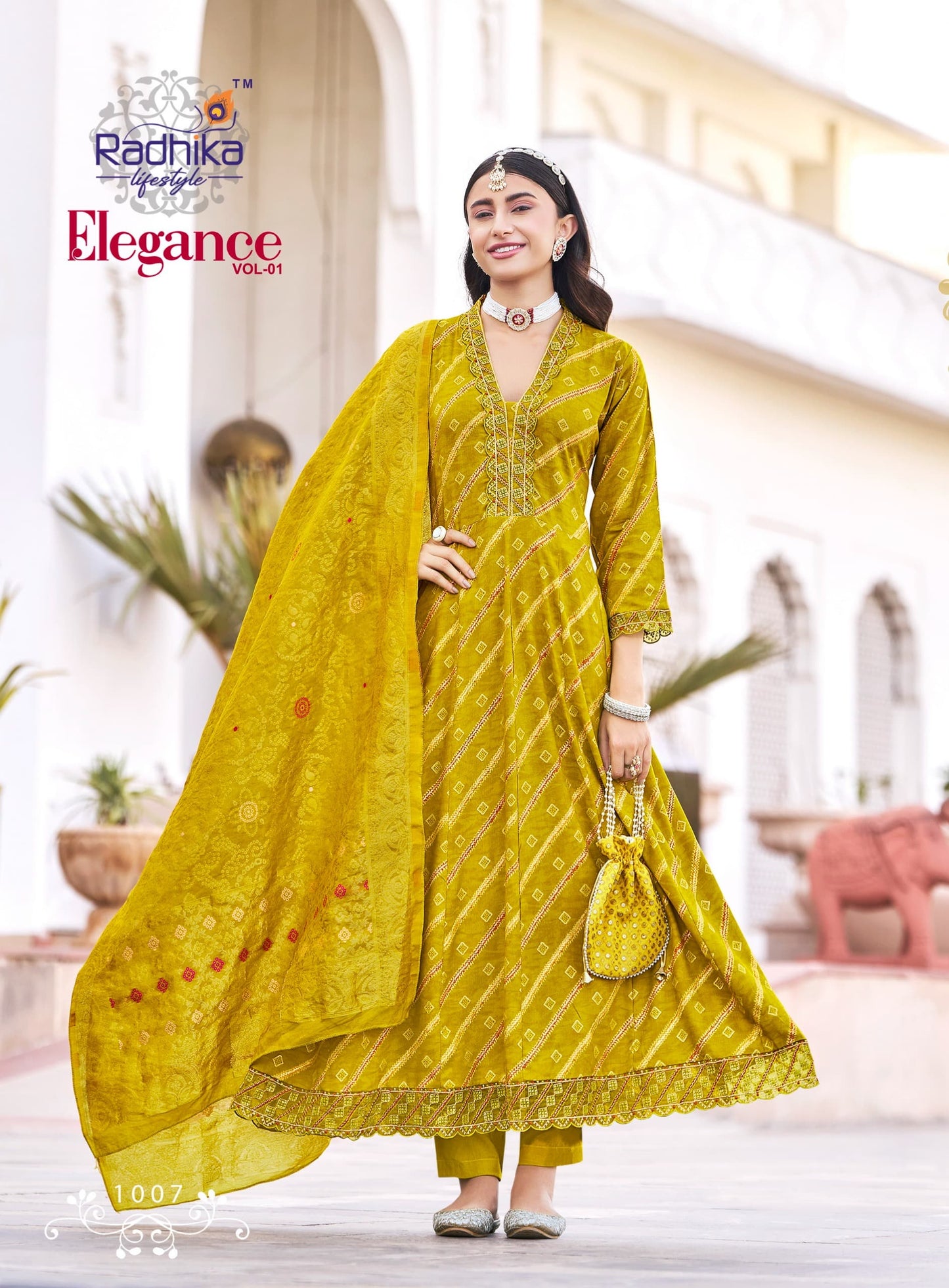 Radhika Lifestyle Elegance Vol 1 – Rayon Print Kurti Anarkali Gown with Pant & Banarasi Jacquard Dupatta