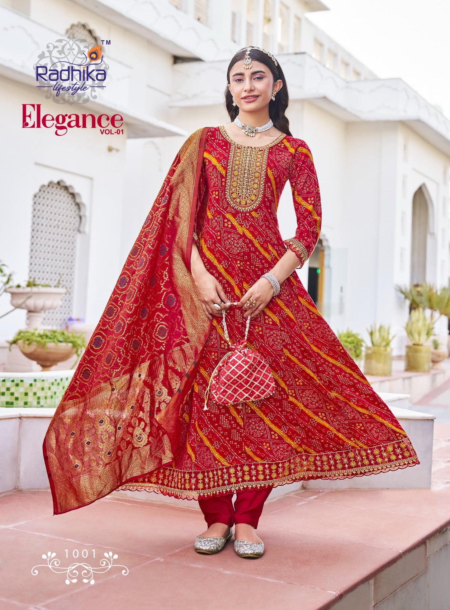 Radhika Lifestyle Elegance Vol 1 – Rayon Print Kurti Anarkali Gown with Pant & Banarasi Jacquard Dupatta