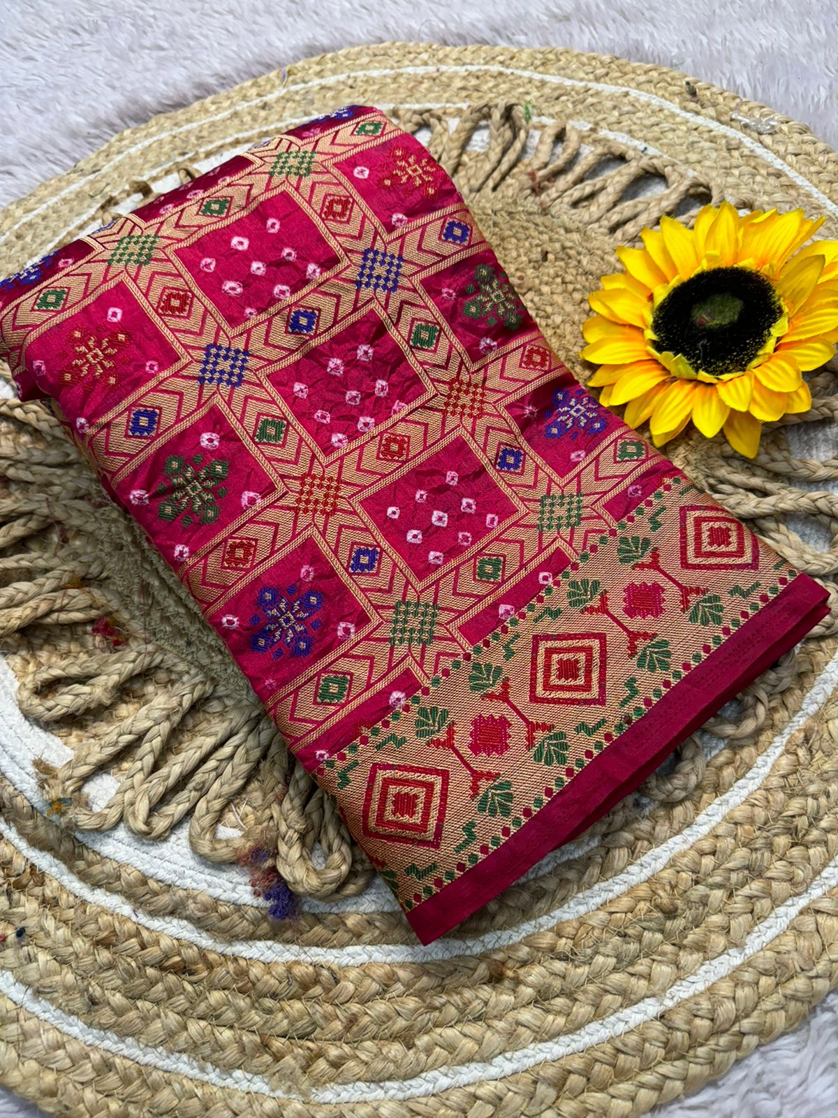 Pink square Bandhej silk saree