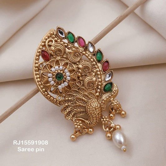 Traditional Indian Saree Pin – Gold Plated Decorative Brooch with Pearls & Colored Stones, Ethnic Jewelry Accessory for Sarees Ethnic Wear