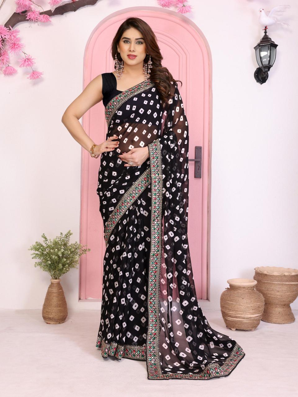 Sakhi 5 – Party Wear Soft Georgette Bandhej Saree with Heavy Embroidery Lace Border & Blouse