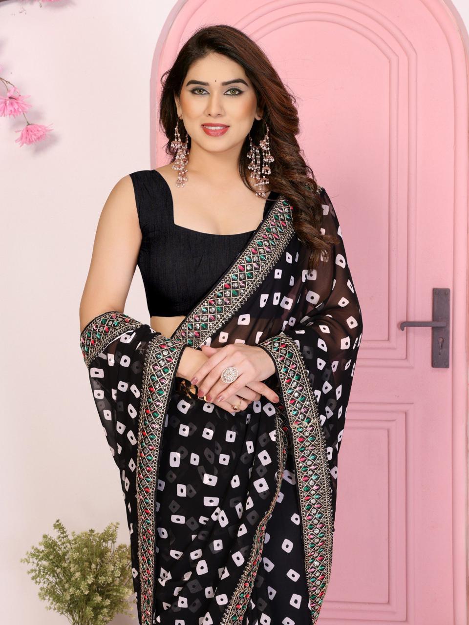 Sakhi 5 – Party Wear Soft Georgette Bandhej Saree with Heavy Embroidery Lace Border & Blouse