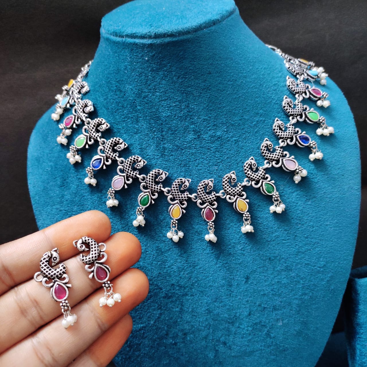 Multi Oxidised silver peacock Necklace