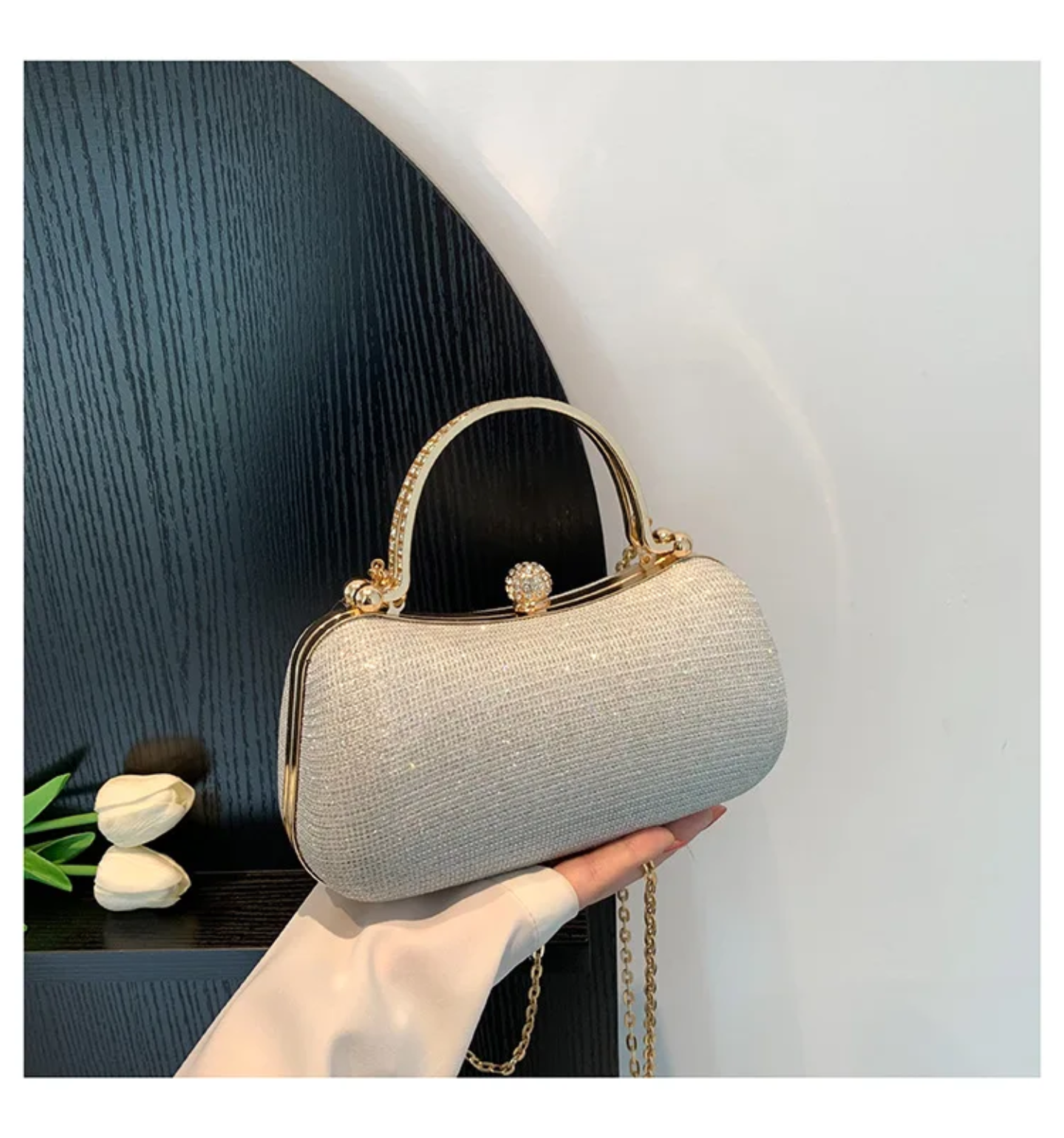 Elegant Glitter Clutch Bags for Women – Evening Party Handbags with Gold Handle & Chain Strap