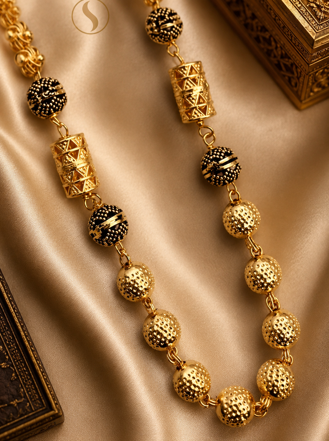Antique Black & Gold Bead Mala Necklace – Ethnic Indian Long Chain Jewellery for Women