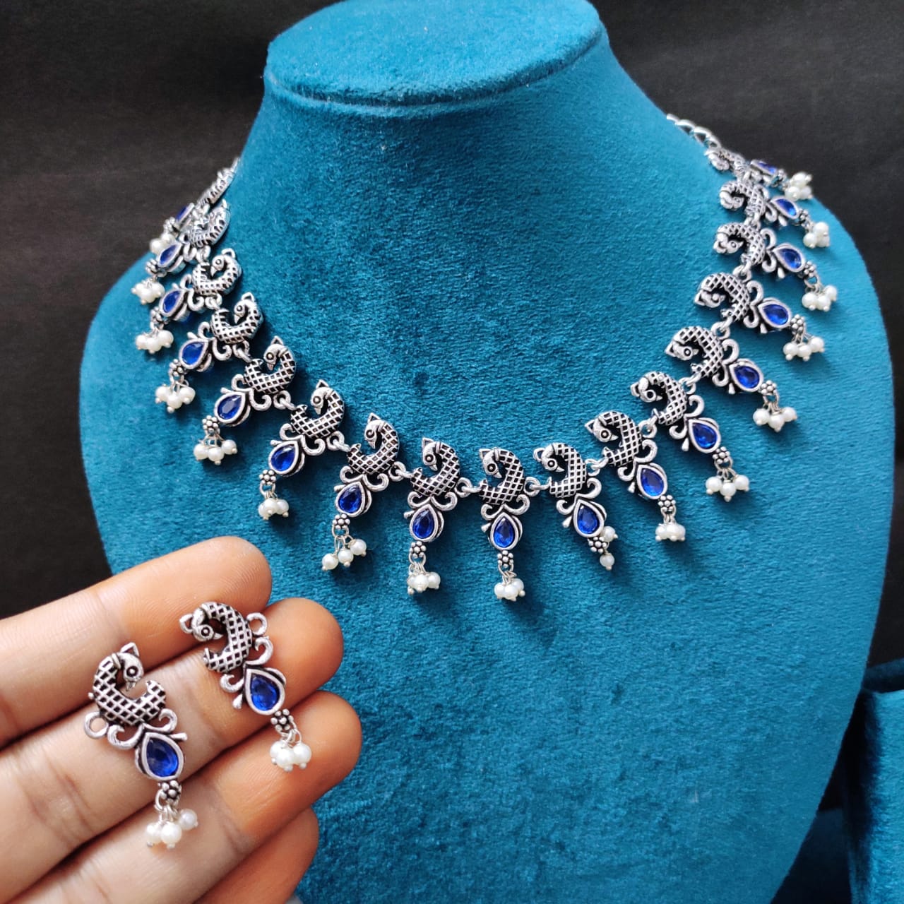 Blue Oxidised silver peacock Necklace
