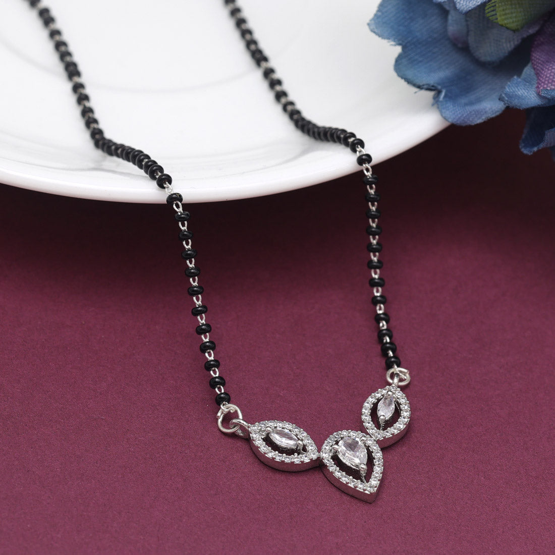 Imitation Mangalsutra with American Diamonds – Traditional Gold-Plated Necklace with Black Beads | Indian Bridal Jewelry