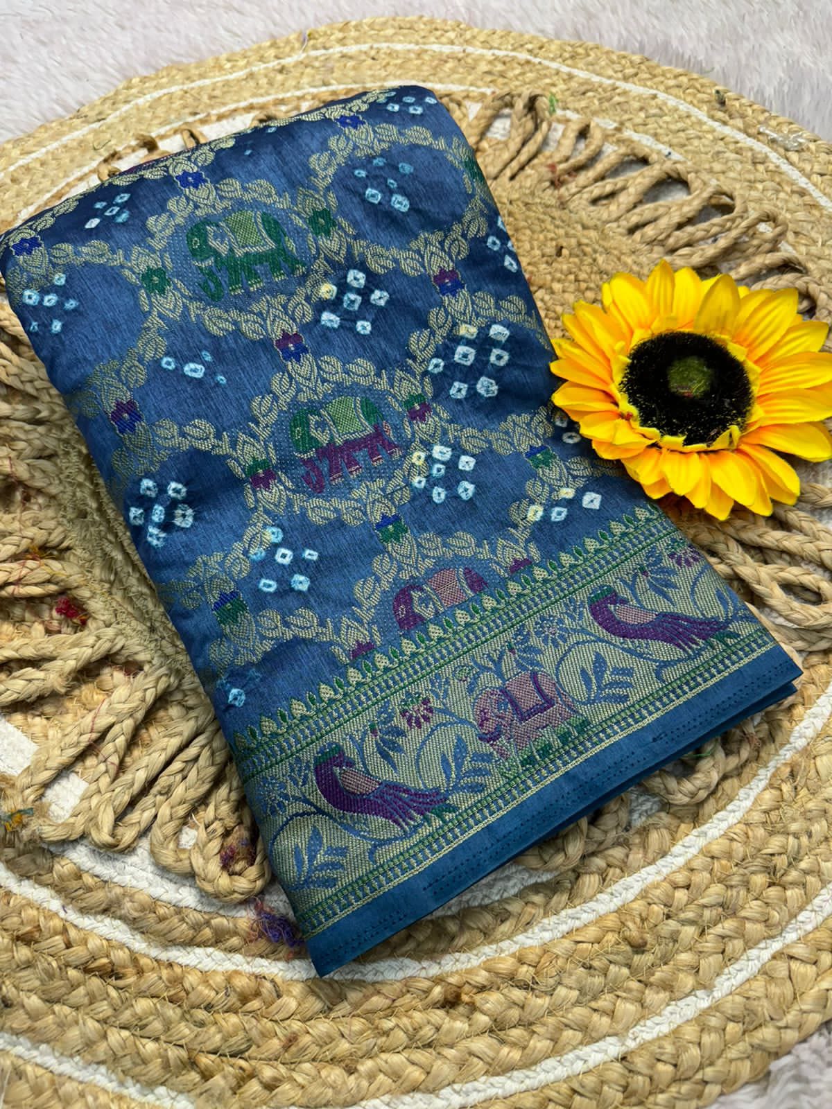 Blue Bandhej silk saree
