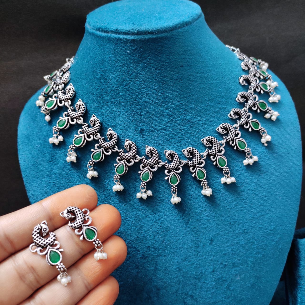 Green Oxidised silver peacock Necklace