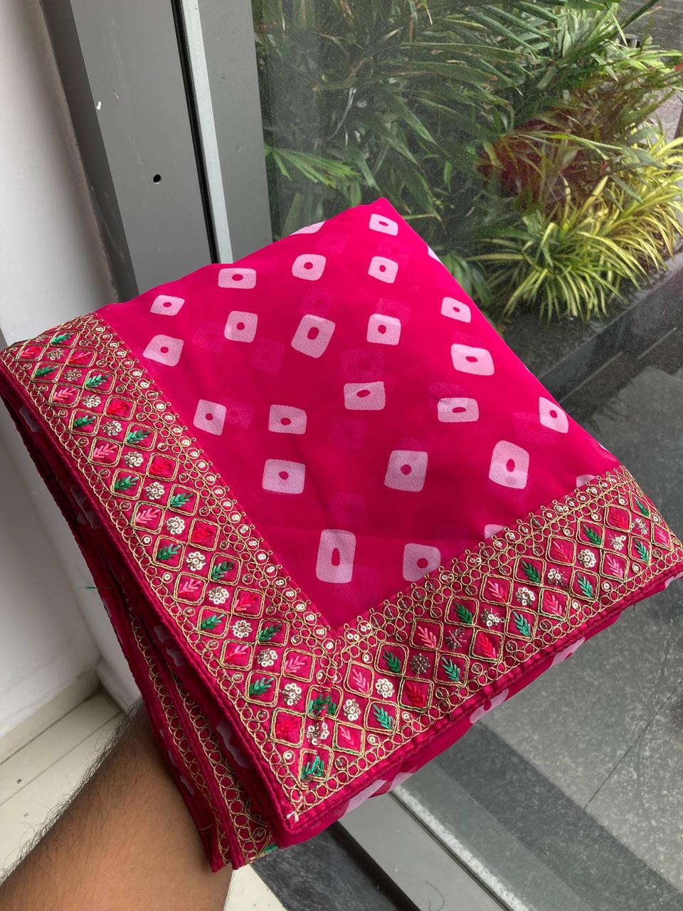 Sakhi 5 – Party Wear Soft Georgette Bandhej Saree with Heavy Embroidery Lace Border & Blouse