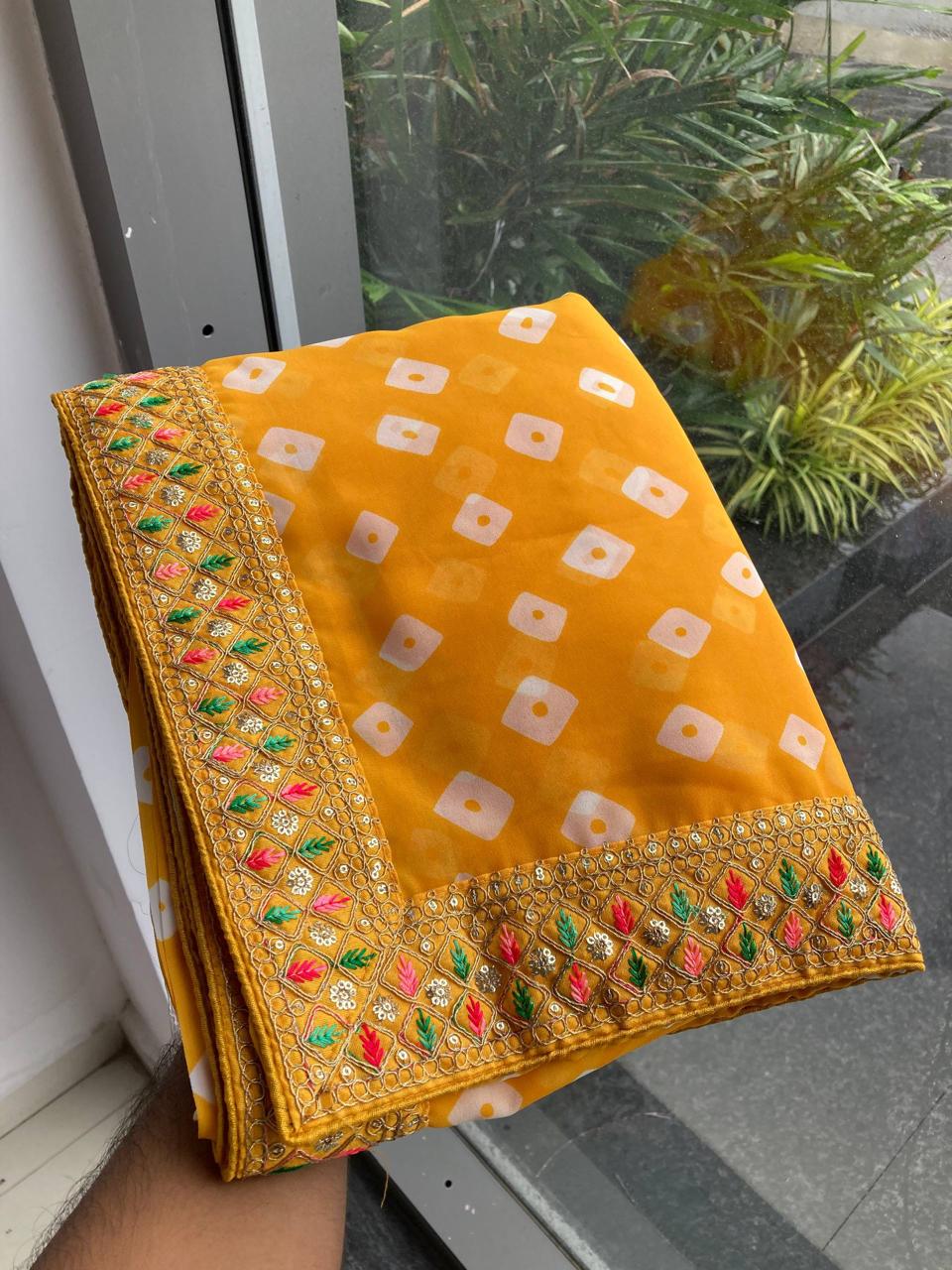 Sakhi 5 – Party Wear Soft Georgette Bandhej Saree with Heavy Embroidery Lace Border & Blouse