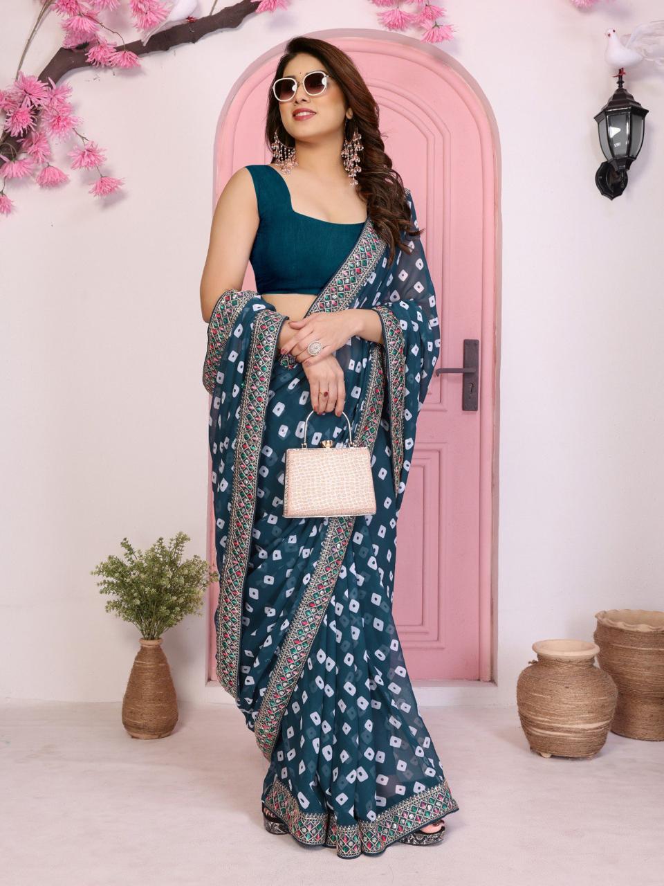Sakhi 5 – Party Wear Soft Georgette Bandhej Saree with Heavy Embroidery Lace Border & Blouse