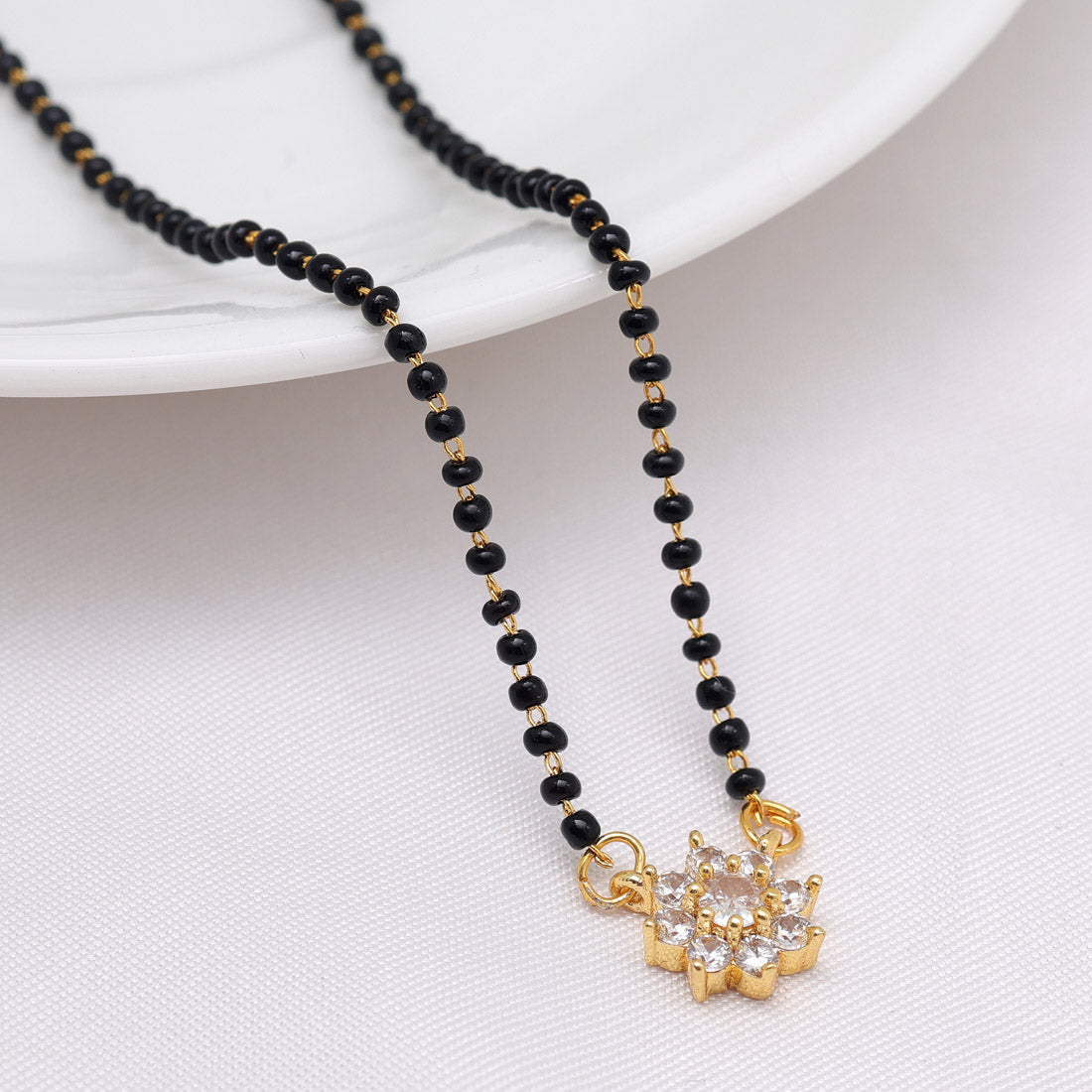 Imitation Mangalsutra with American Diamonds – Traditional Gold-Plated Necklace with Black Beads | Indian Bridal Jewelry