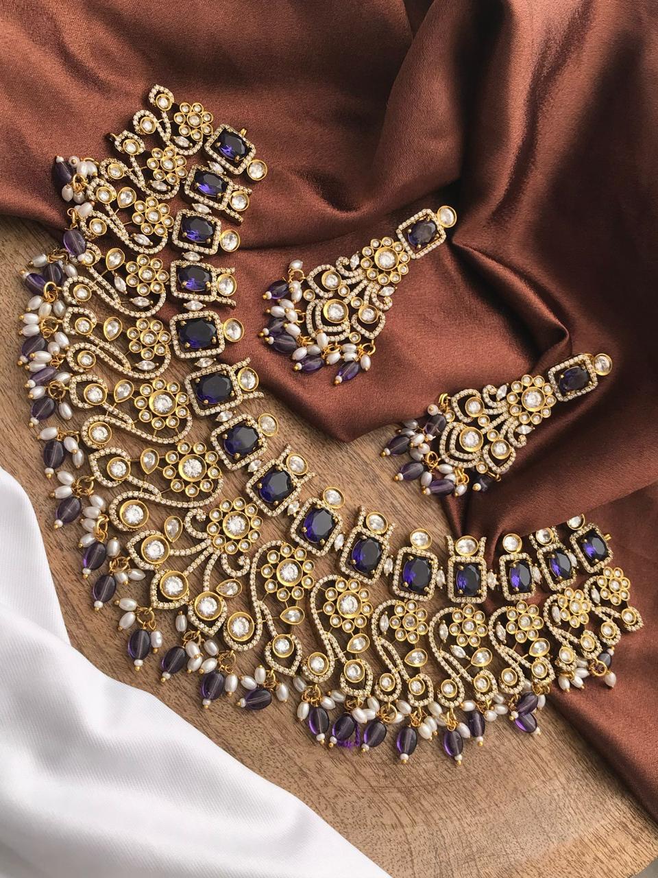 Kundan Choker Necklace Set with Matching Earrings – Available in Royal Navy & Ruby Red
