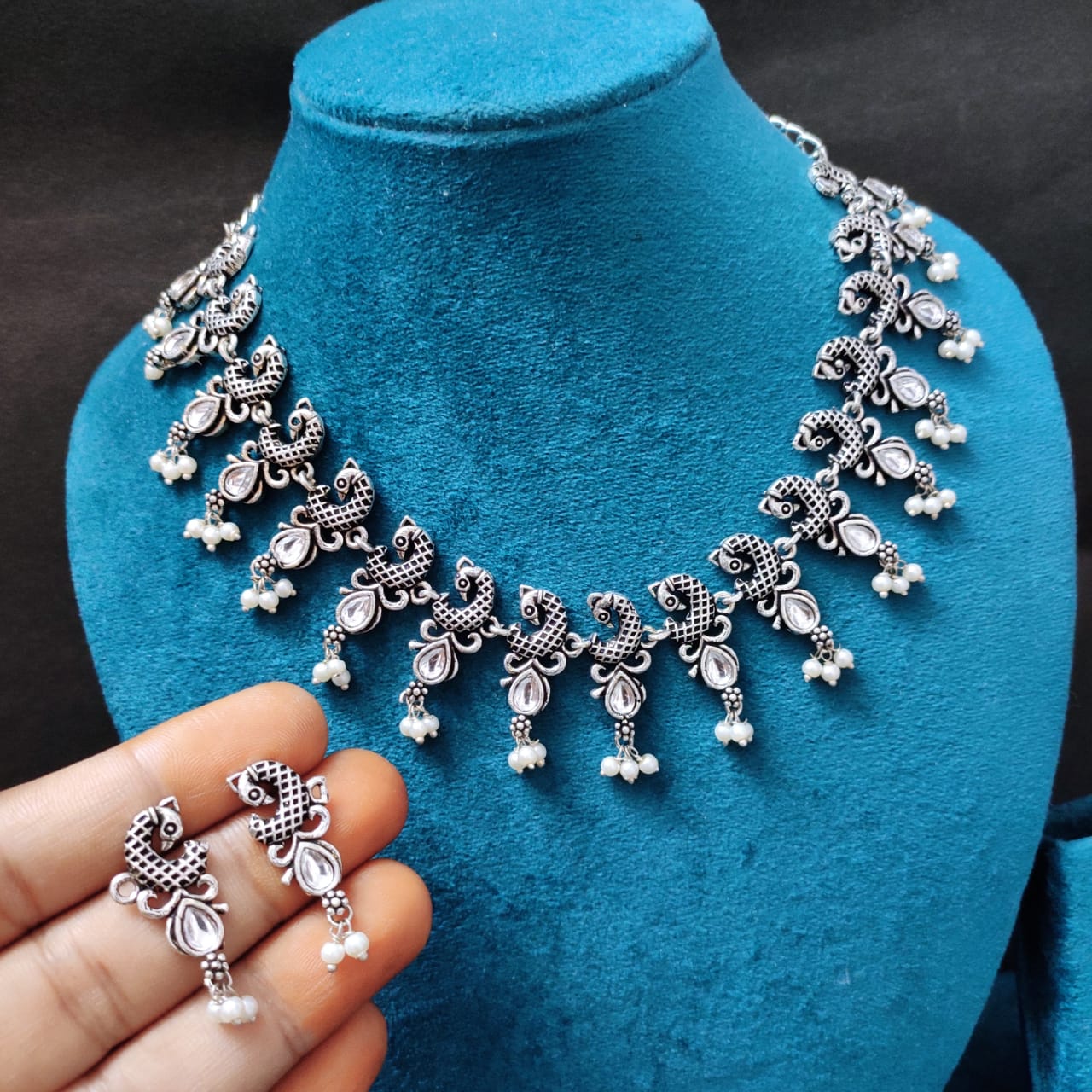 White Oxidised silver peacock Necklace