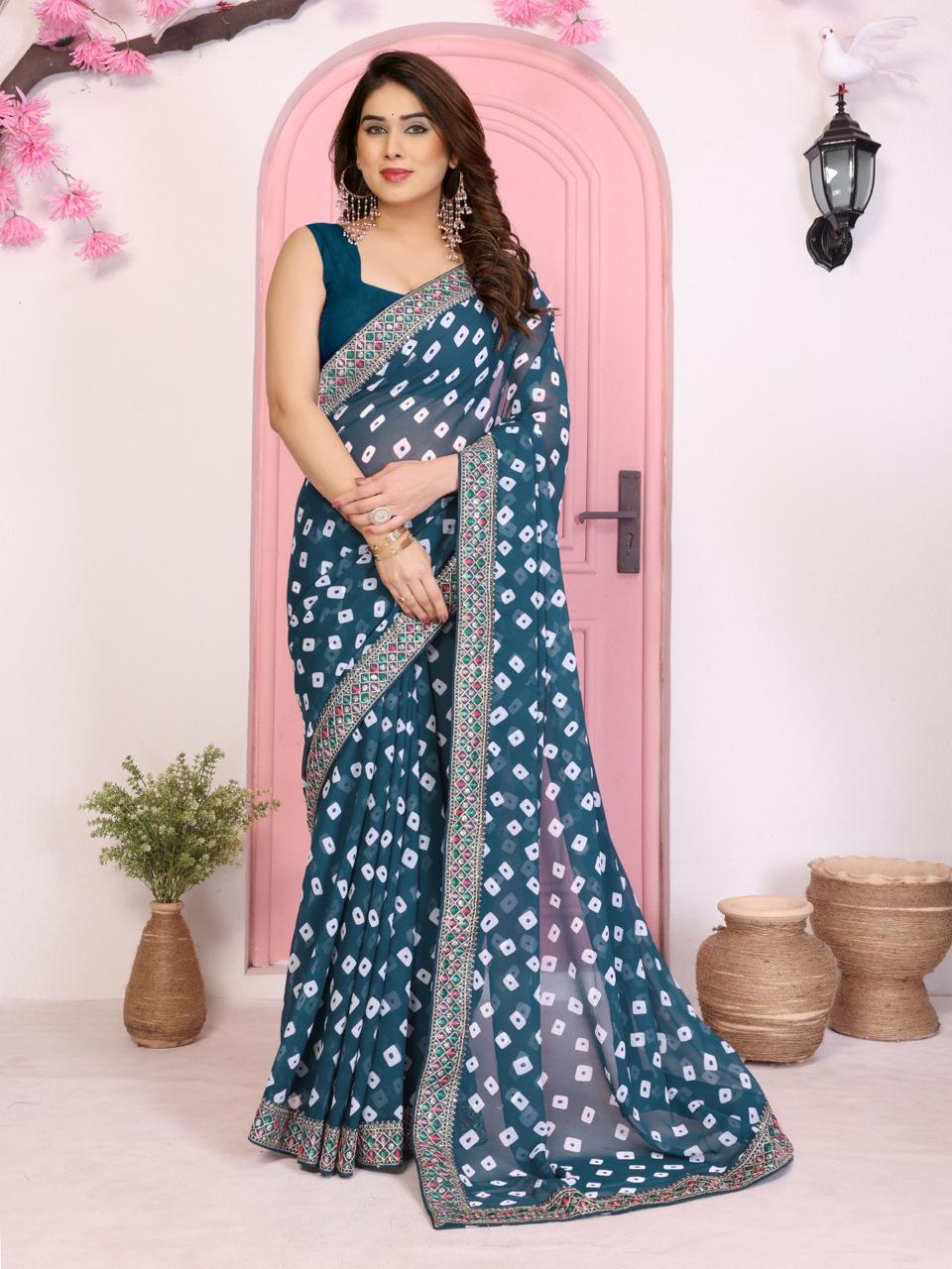 Sakhi 5 – Party Wear Soft Georgette Bandhej Saree with Heavy Embroidery Lace Border & Blouse