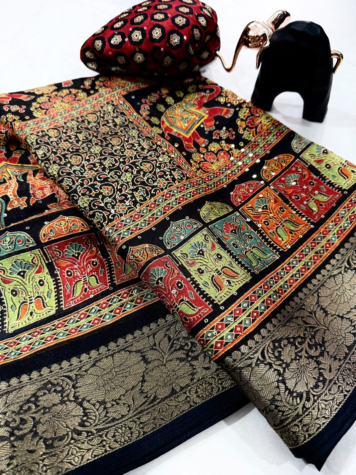 Black Traditional Elephant Print Saree with Multicolour Ajrakh Inspired Design & Gold Zari Border | Indian Ethnic Wear
