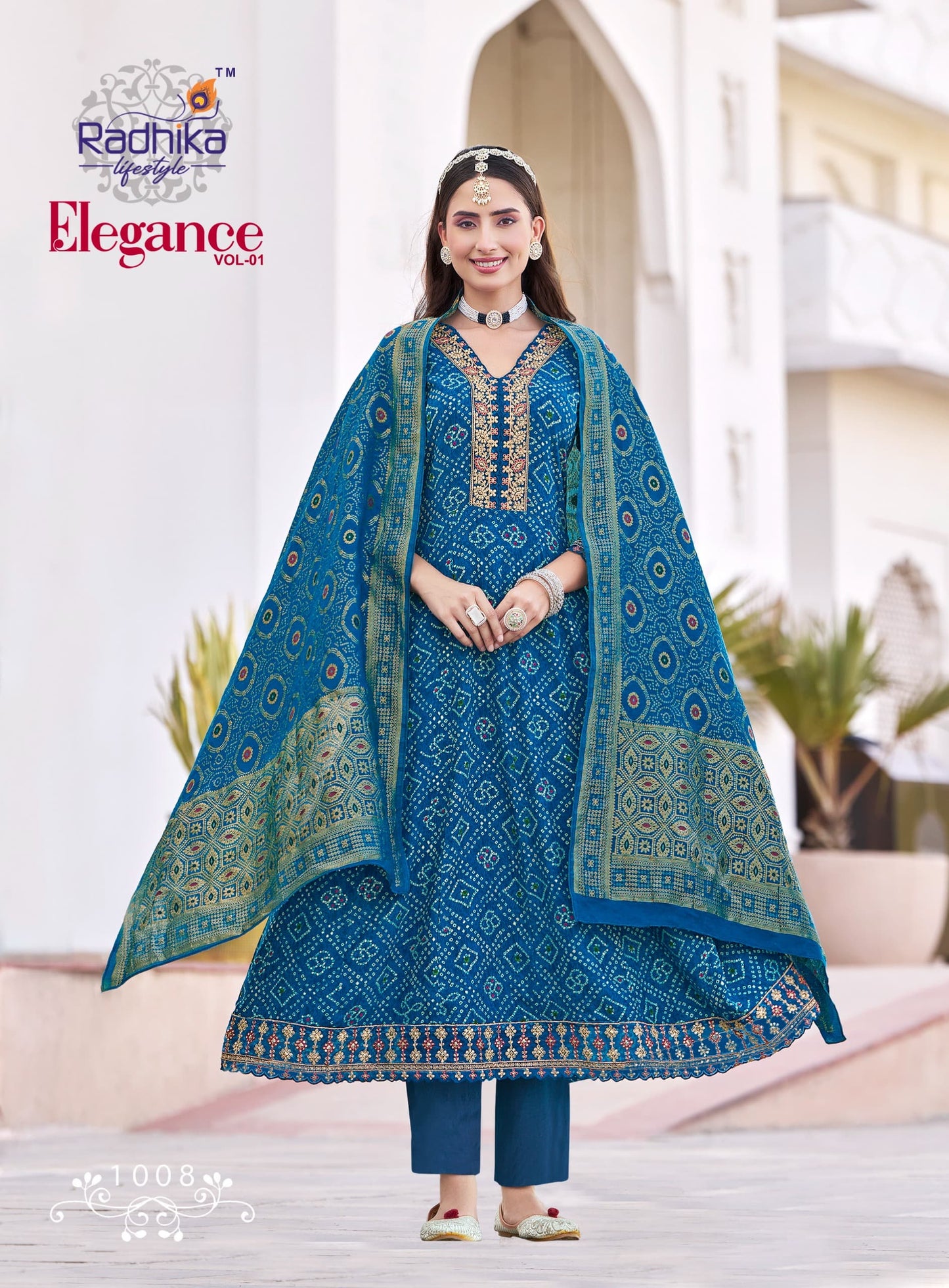Radhika Lifestyle Elegance Vol 1 – Rayon Print Kurti Anarkali Gown with Pant & Banarasi Jacquard Dupatta