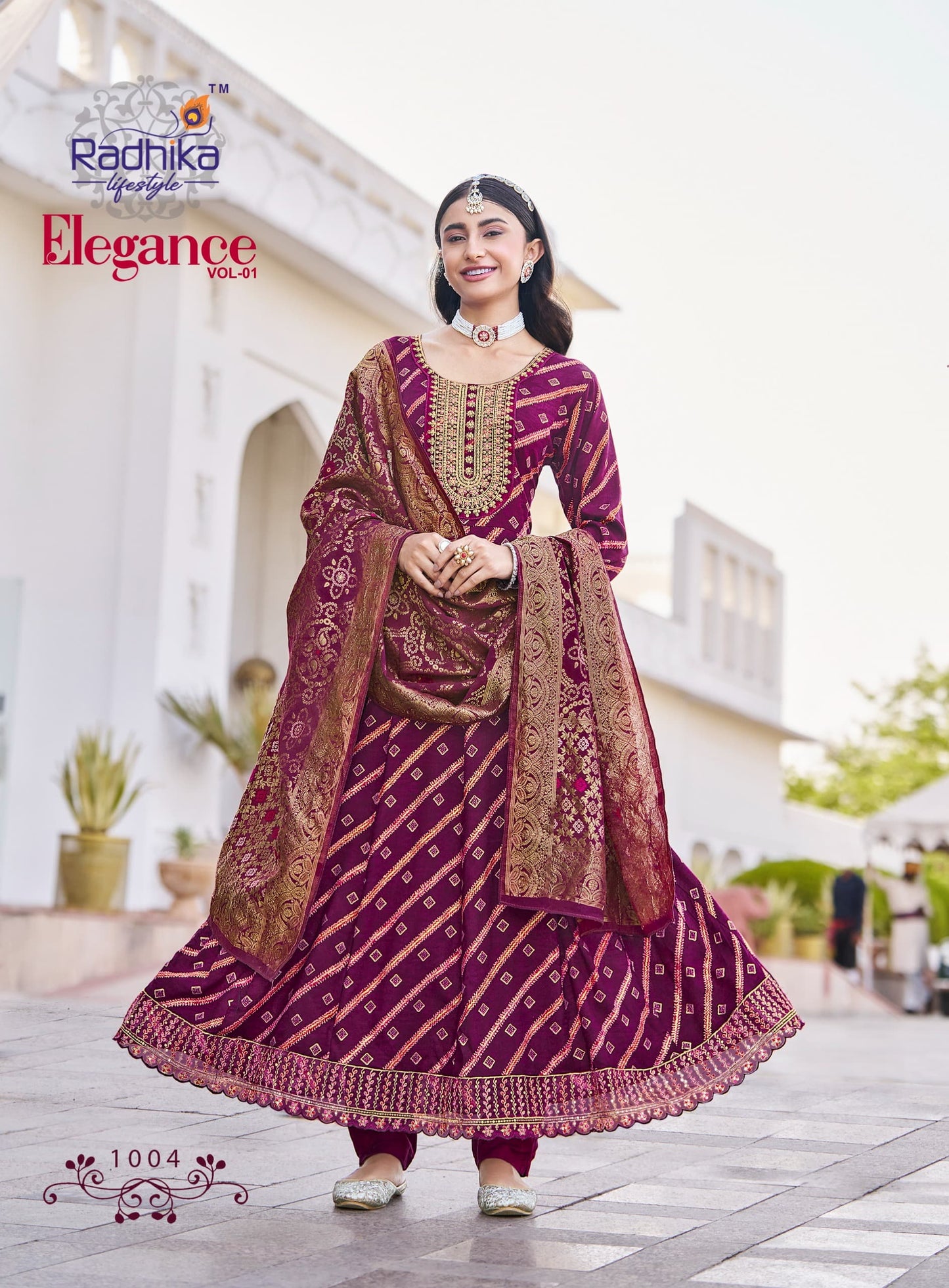 Radhika Lifestyle Elegance Vol 1 – Rayon Print Kurti Anarkali Gown with Pant & Banarasi Jacquard Dupatta