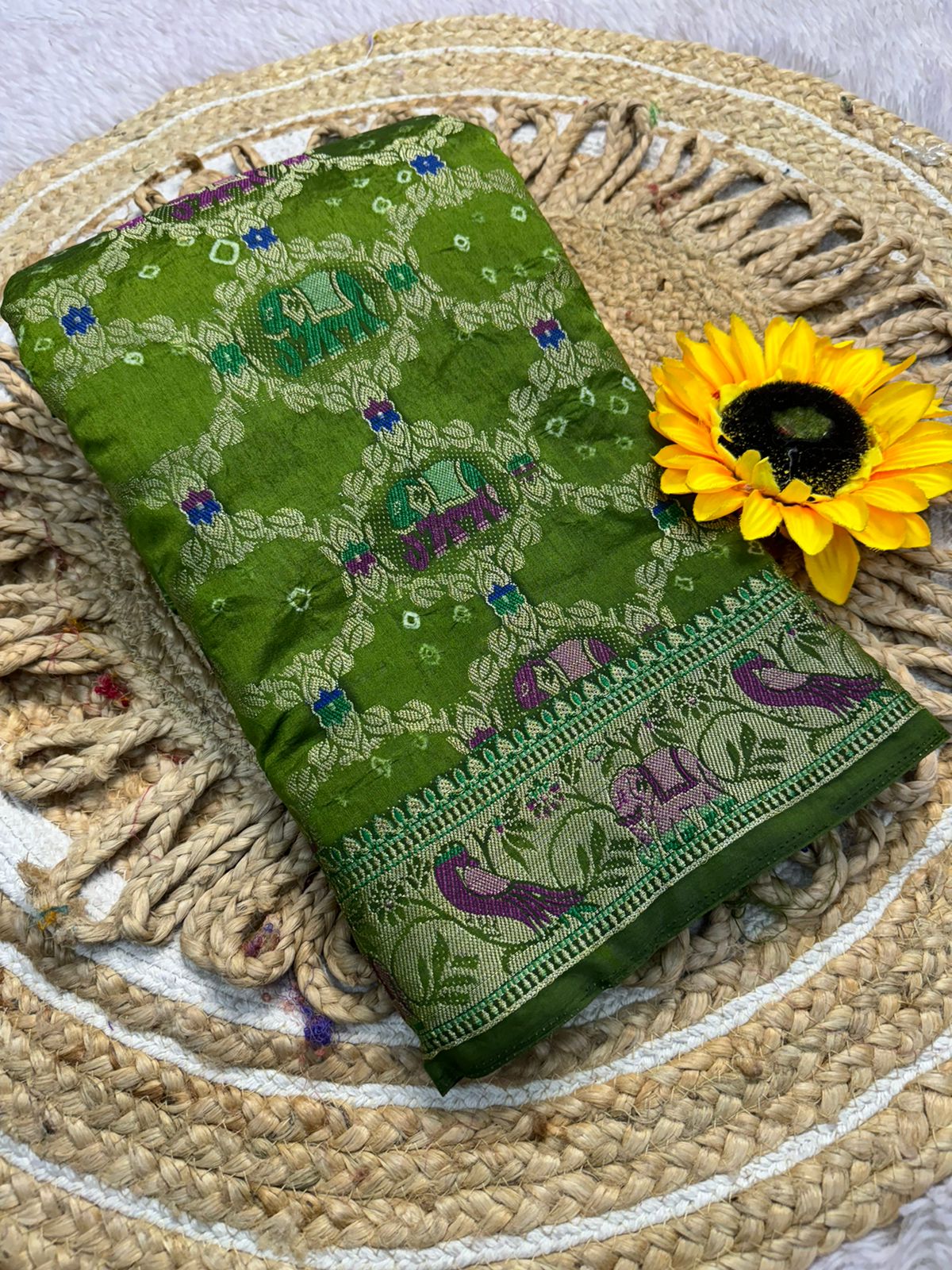 Green Bandhej silk saree