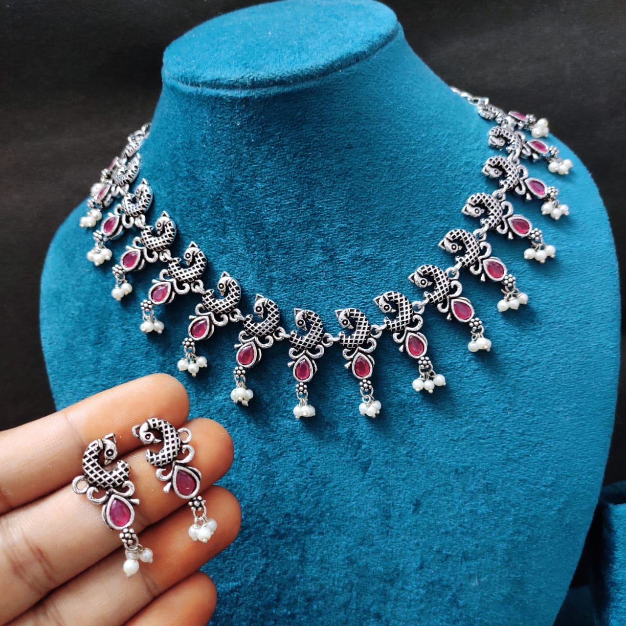 Red Oxidised silver peacock Necklace