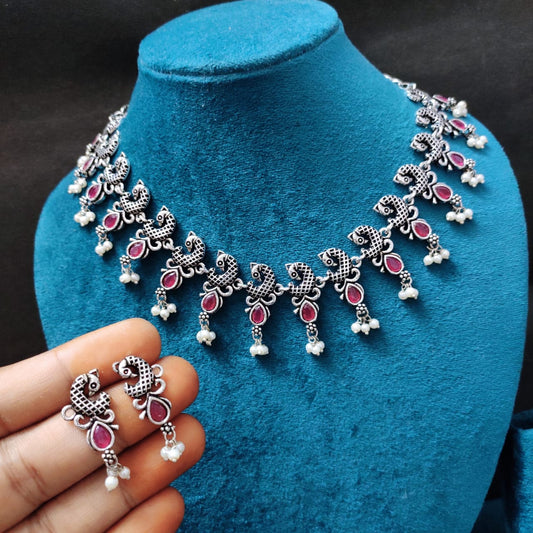 Red Oxidised silver peacock Necklace
