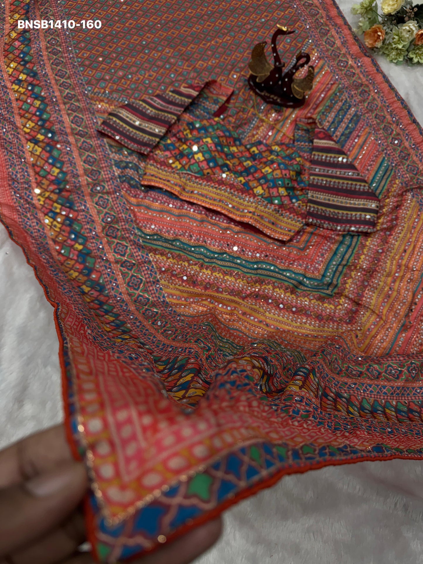Multicolour Soft Chinnon Saree | Real Mirror Work Saree | Designer Printed Saree | Indian Party Wear Saree | Festival Saree