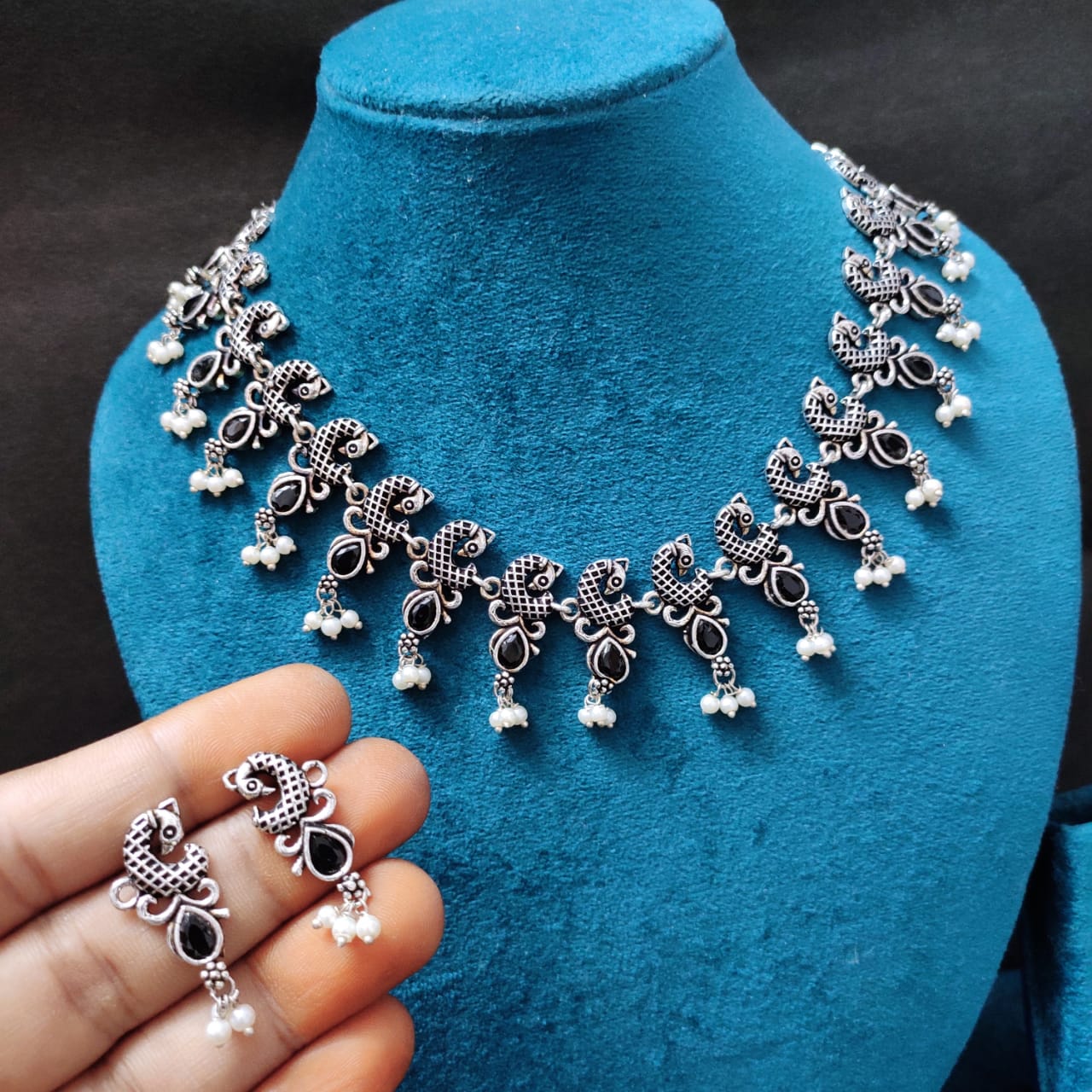 Black Oxidised silver peacock Necklace