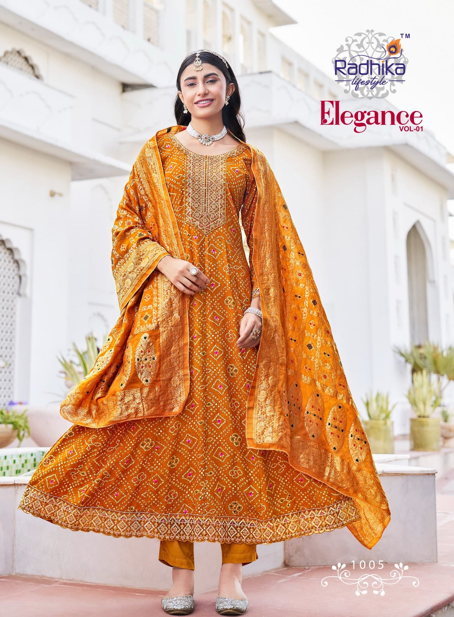 Radhika Lifestyle Elegance Vol 1 – Rayon Print Kurti Anarkali Gown with Pant & Banarasi Jacquard Dupatta