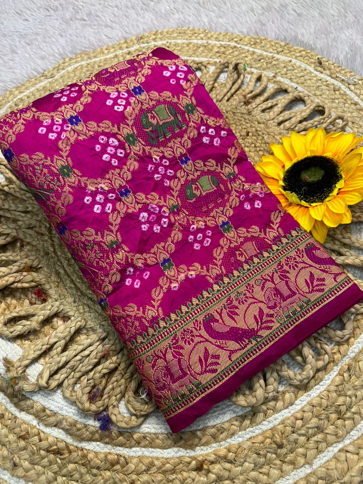 Pink Bandhej silk saree