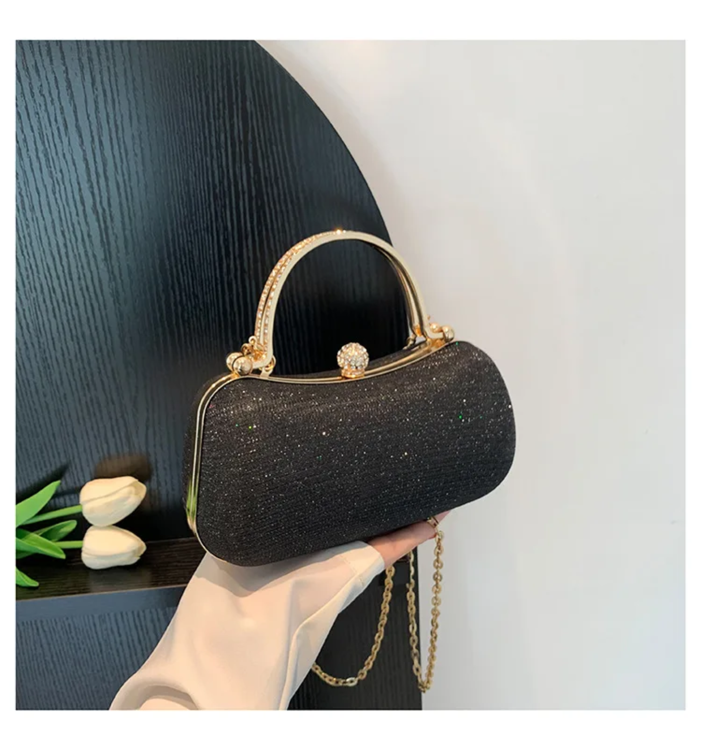 Elegant Glitter Clutch Bags for Women – Evening Party Handbags with Gold Handle & Chain Strap