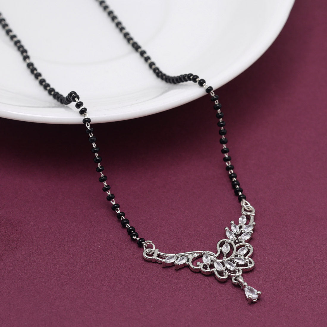 Imitation Mangalsutra with American Diamonds – Traditional Gold-Plated Necklace with Black Beads | Indian Bridal Jewelry