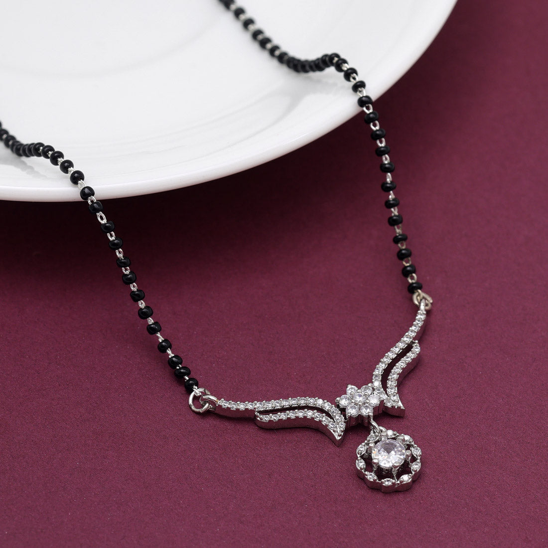 Imitation Mangalsutra with American Diamonds – Traditional Gold-Plated Necklace with Black Beads | Indian Bridal Jewelry