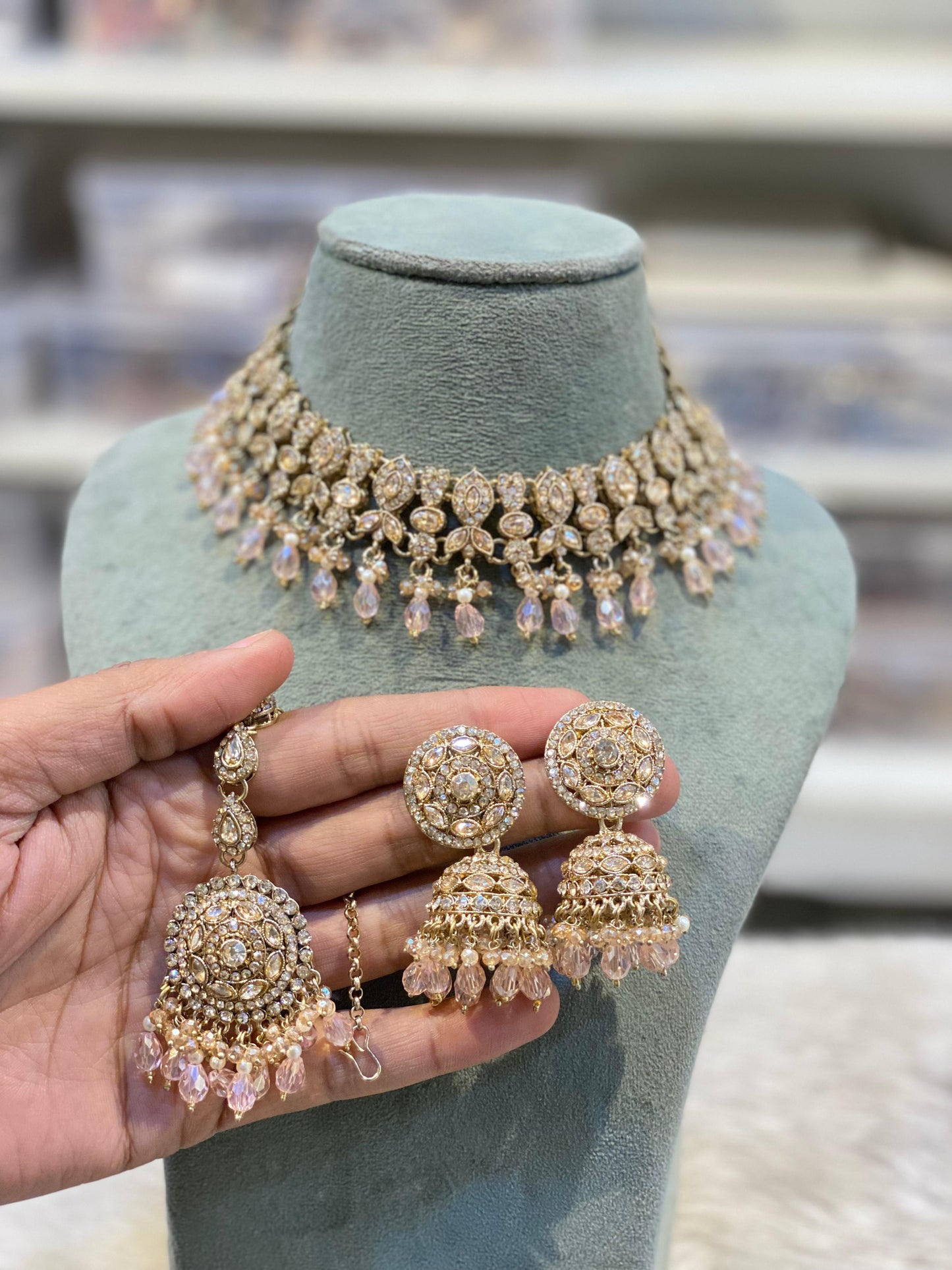 Champagne
Kundan Choker Necklace Set with Champagne Beads and Matching Jhumka Earrings – Indian Bridal Jewellery | Kanishma Sarees (Kanishma Collection)