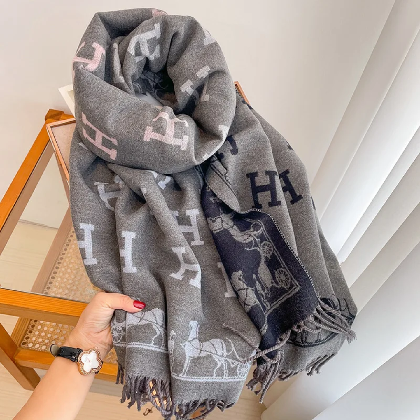 Gray scarf with H pattern