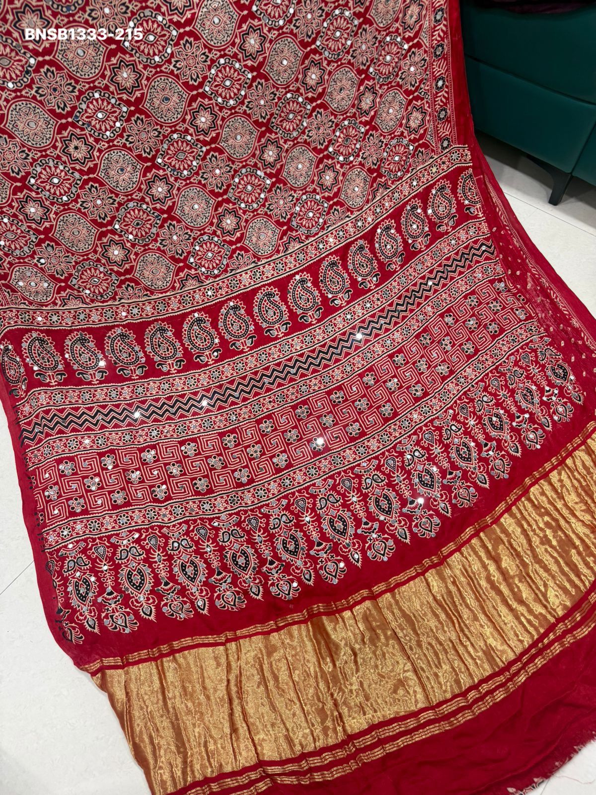 Elegant Ajrakh Bandhani Gaji Silk Saree With Mirror Work & Gota Patti Handwork –Traditional Bandhej Saree  Ready to wear fall pico completed