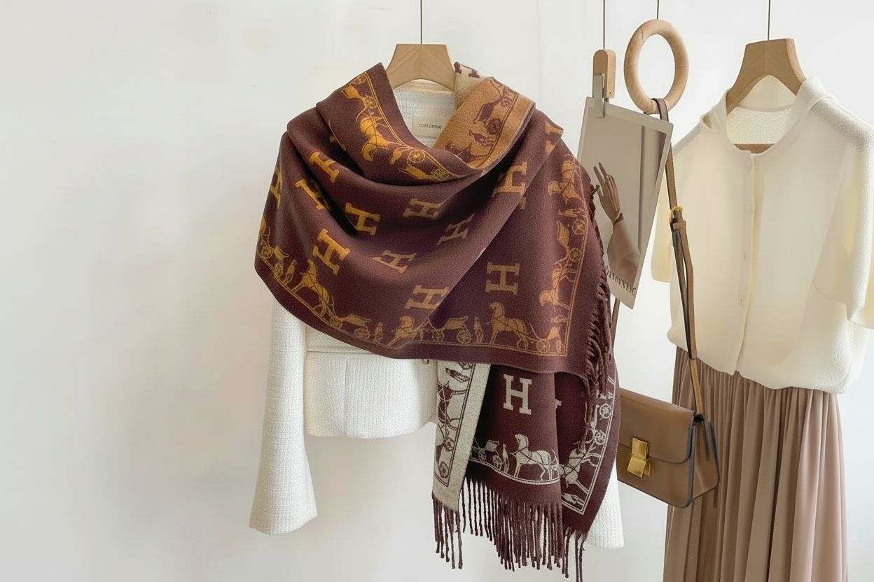 Brown patterned scarf with fringe