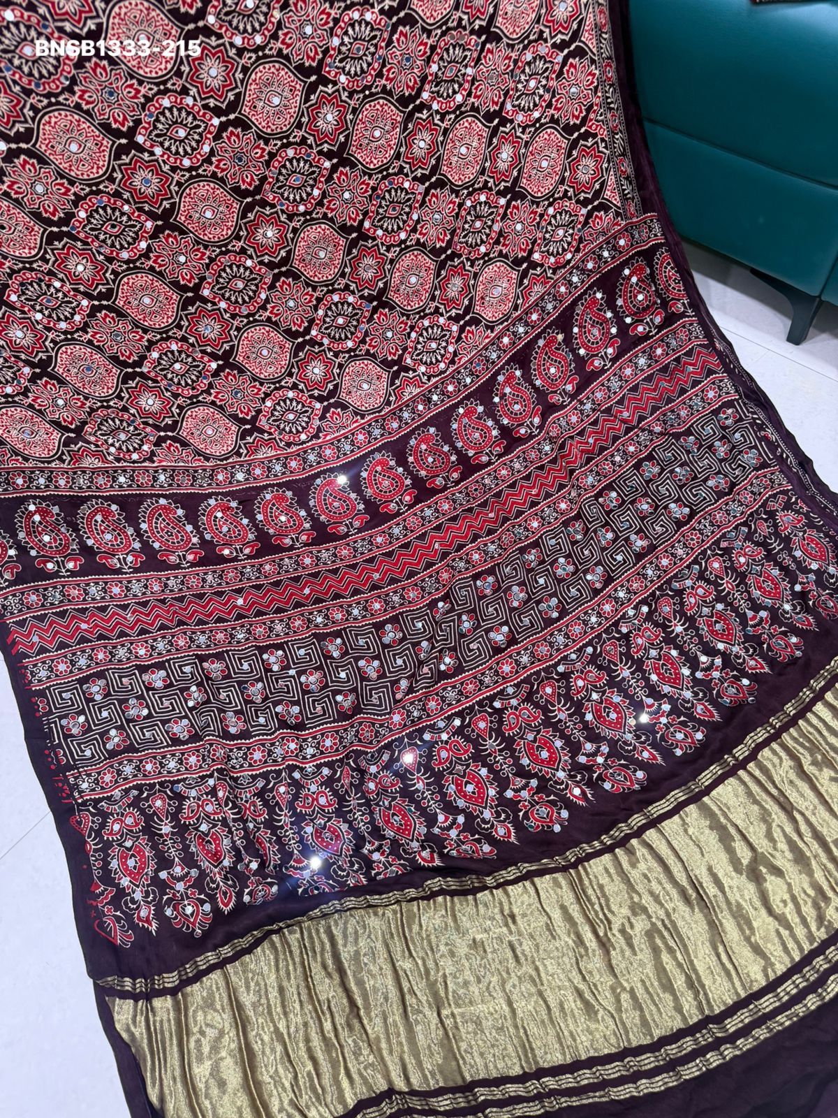 Elegant Ajrakh Bandhani Gaji Silk Saree With Mirror Work & Gota Patti Handwork –Traditional Bandhej Saree  Ready to wear fall pico completed