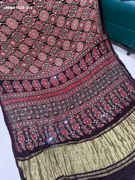 Elegant Ajrakh Bandhani Gaji Silk Saree With Mirror Work & Gota Patti Handwork –Traditional Bandhej Saree  Ready to wear fall pico completed