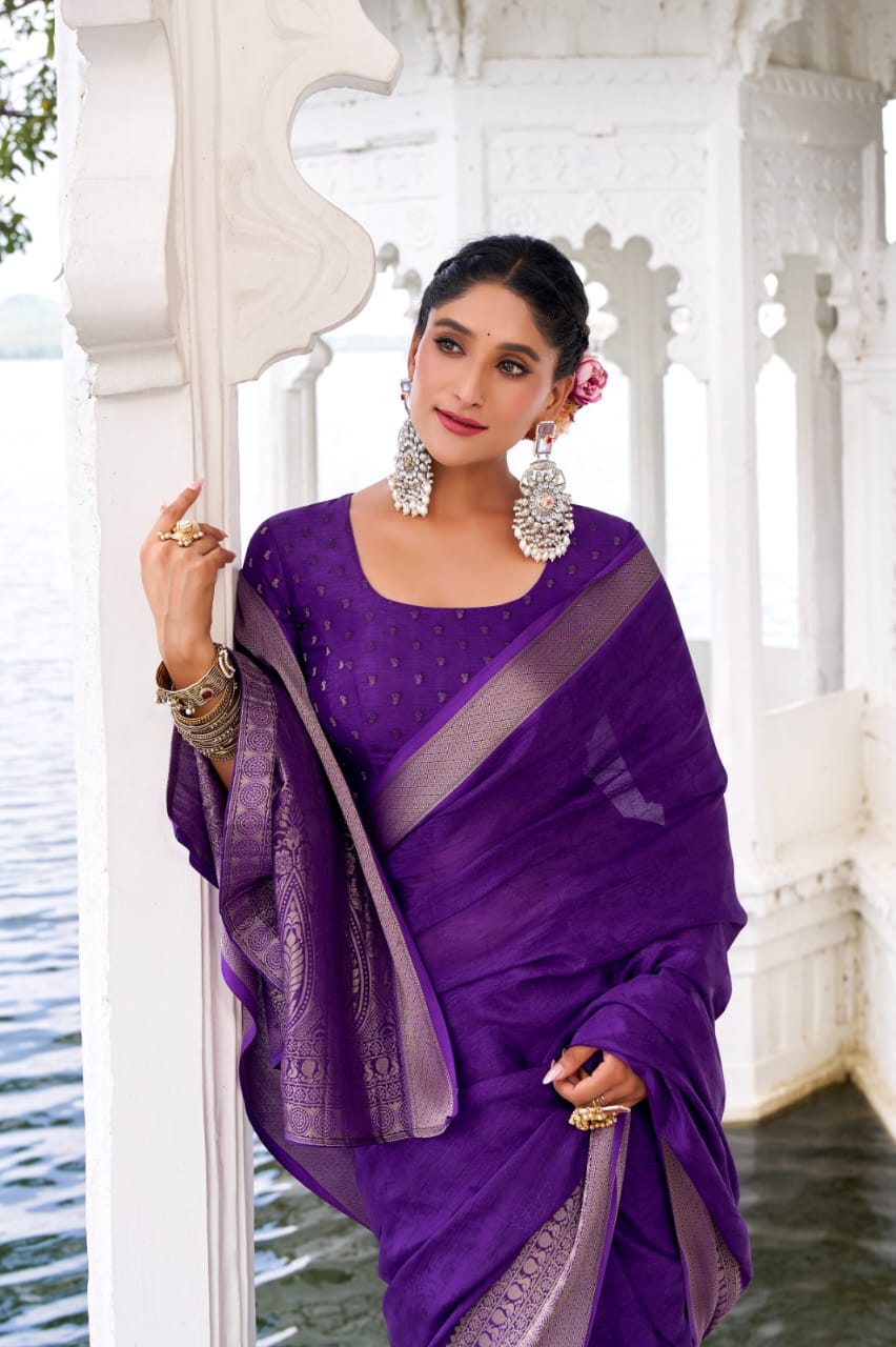Premium Chinon Silk Saree with Intricate Zari Weaving & Self Print | Elegant Party & Occasion Wear