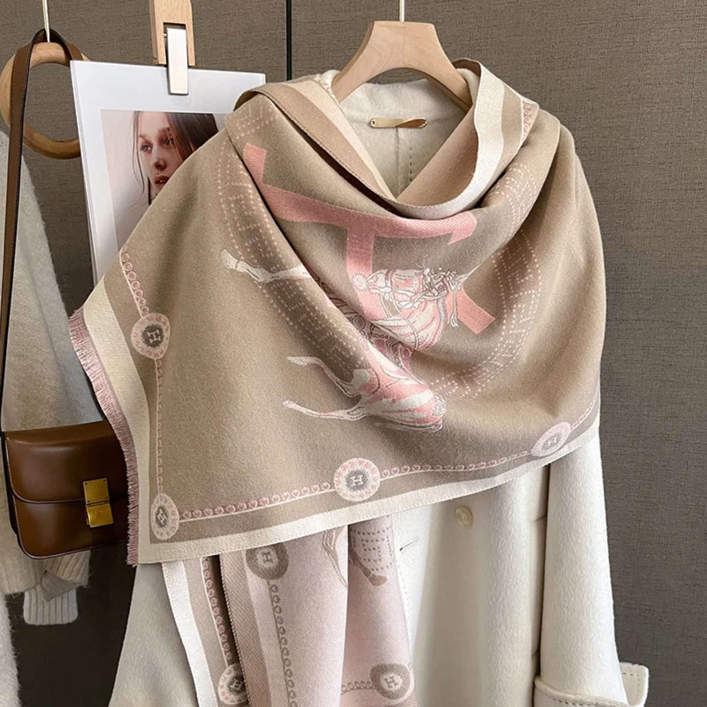 Women’s Equestrian Print Scarf | Luxury Monogram Shawl | Elegant Fashion Wrap