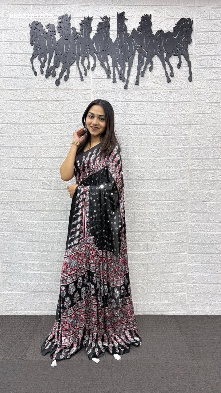Traditional Japan Satin Saree with Real Mirror Work & Elegant Ethnic Printed Border | Indian Wedding & Festive Wear