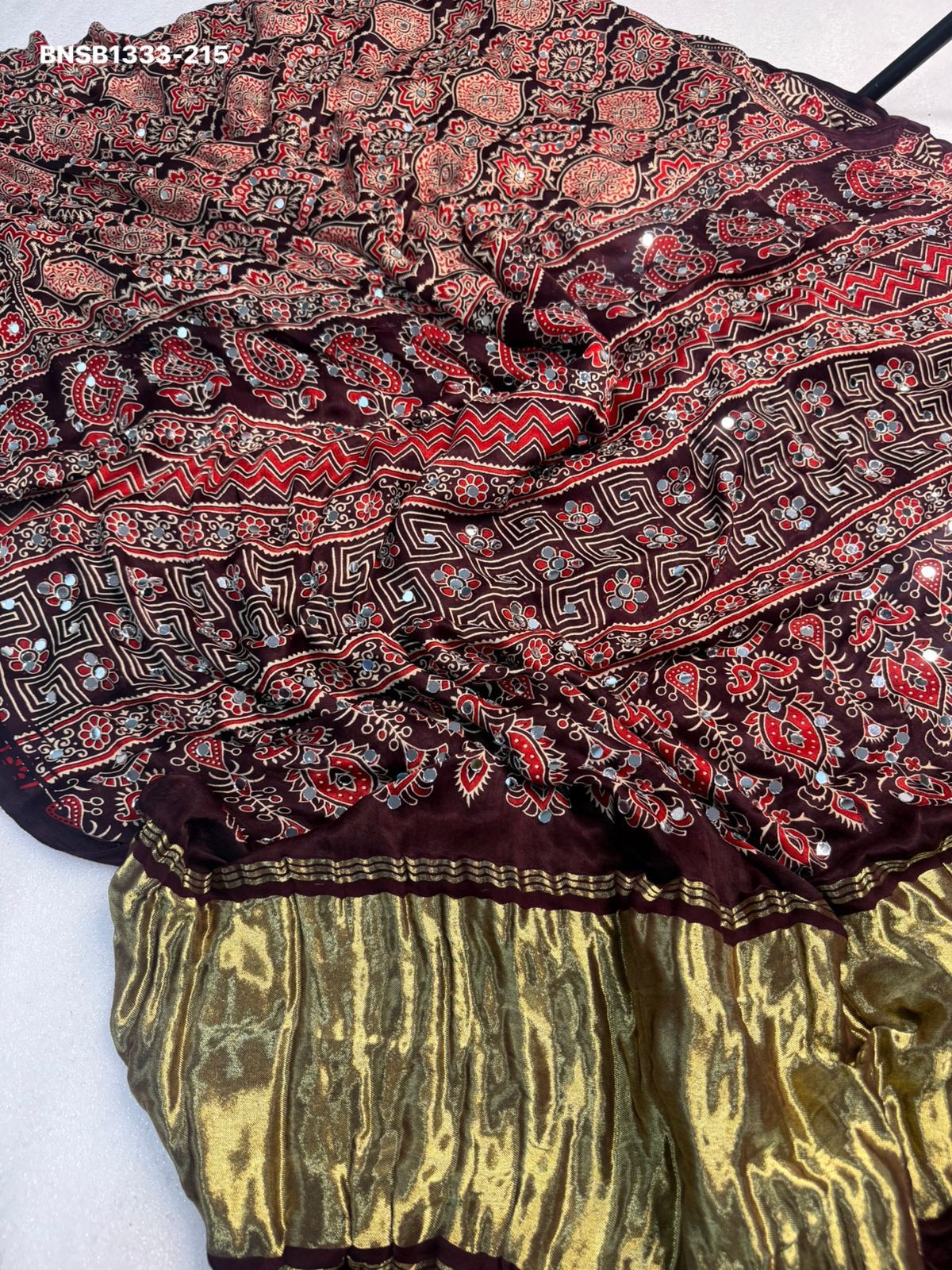 Elegant Ajrakh Bandhani Gaji Silk Saree With Mirror Work & Gota Patti Handwork –Traditional Bandhej Saree  Ready to wear fall pico completed
